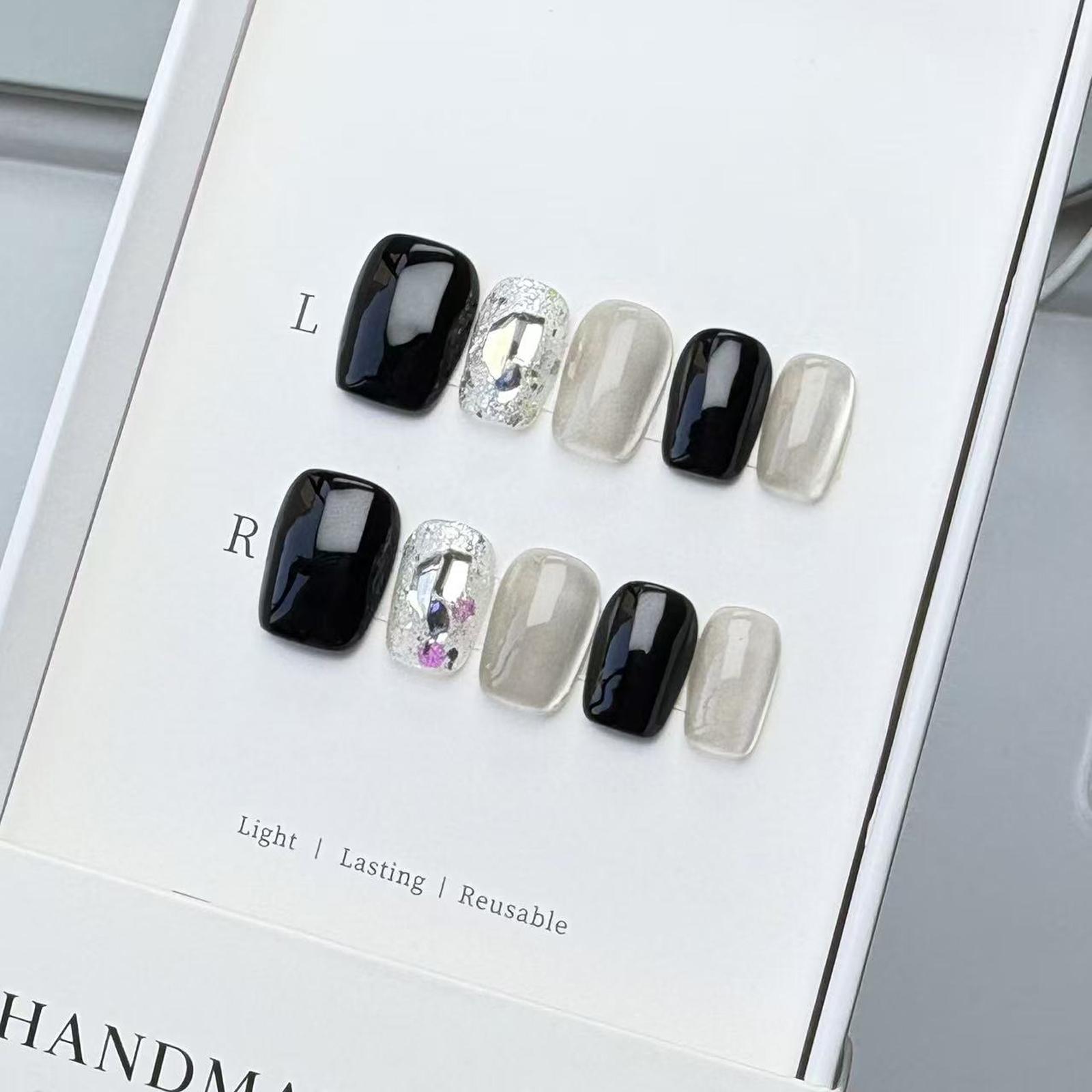 Boss Babe Exclusive Luxury Press Ons! Black White Color Block & Milk White Cat Eye & Exquisite Hand-Painted Big Diamond, Cool & Cute Vibe, Photo Ready