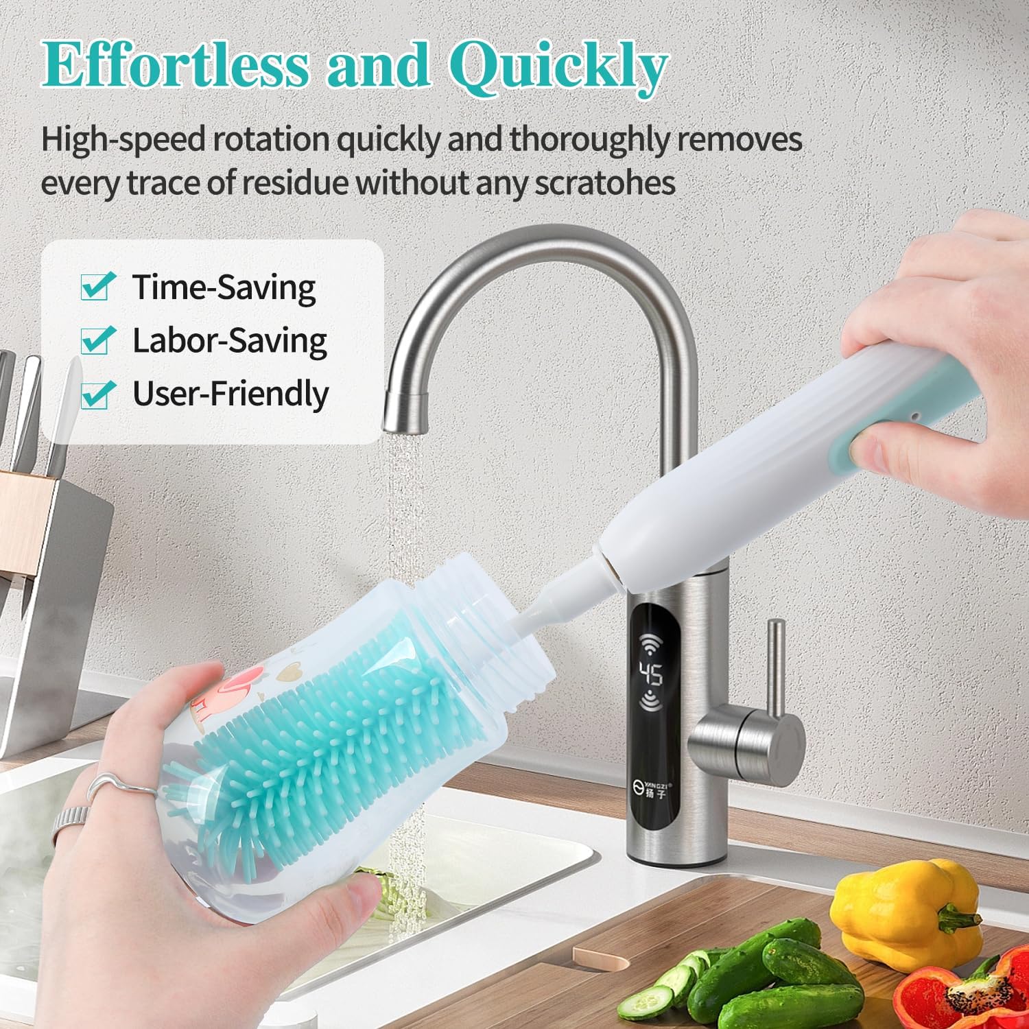 Electric Bottle Cleaning Brush, Baby Bottle Brush Cleaner, Water Bottle Cleaning Kit, Nipple Brush,Straw Cleaner Brush, 360° Rotation, Silicone Material, Waterproof,6 Packs Set for Newborns