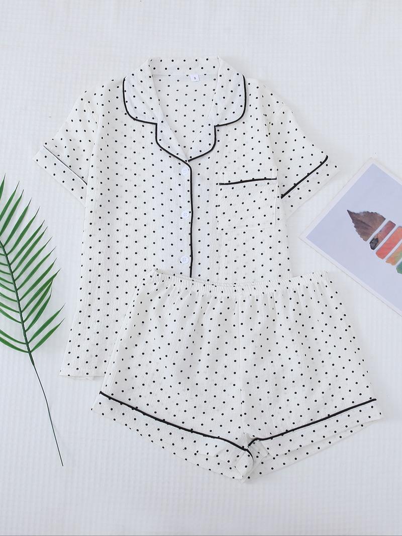 Women's All Over Print Loungewear Set, Contrast Binding Pocket Top & Shorts Pj Set, Ladies Summer Sleepwear Women's All Over Print Loungewear Set, Contrast Binding Pocket Top & Shorts Pj Set, Ladies Summer Sleepwear