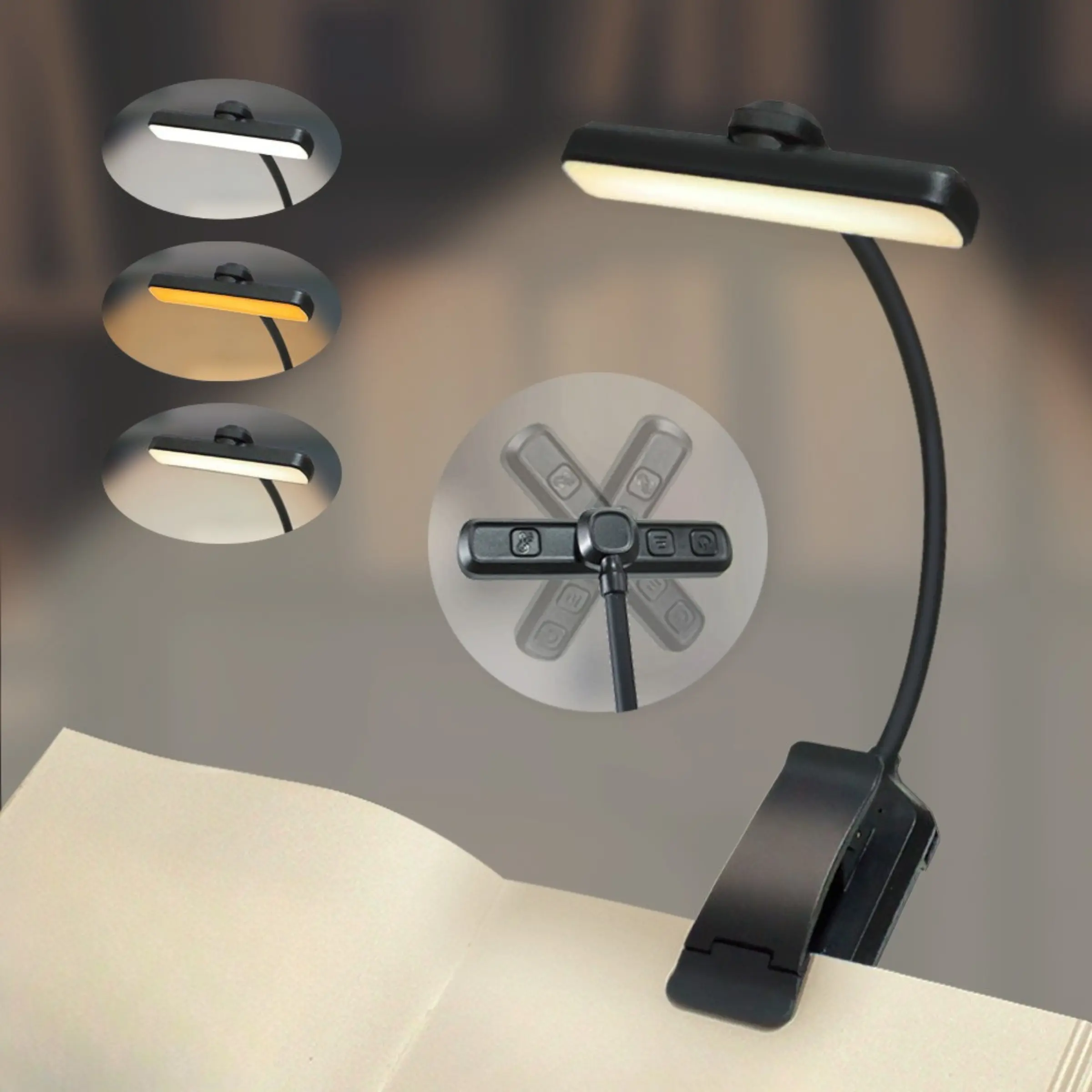24 LED Clip-on Reading Lamp, USB Rechargeable Desk Lamp with 3 Color Temperatures, 5 Levels Brightness & Stepless Dimming Book Light for Reading, Work