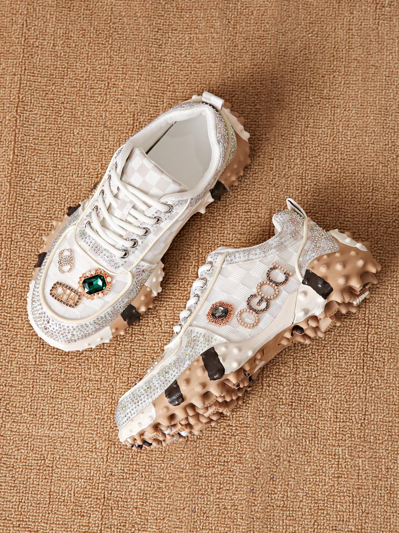 Women's Thick Sole Height Increasing Dad Shoes, Handmade Embellished Fashion Luxury Casual Women's Shoes, Unique Design Comfortable Sneakers