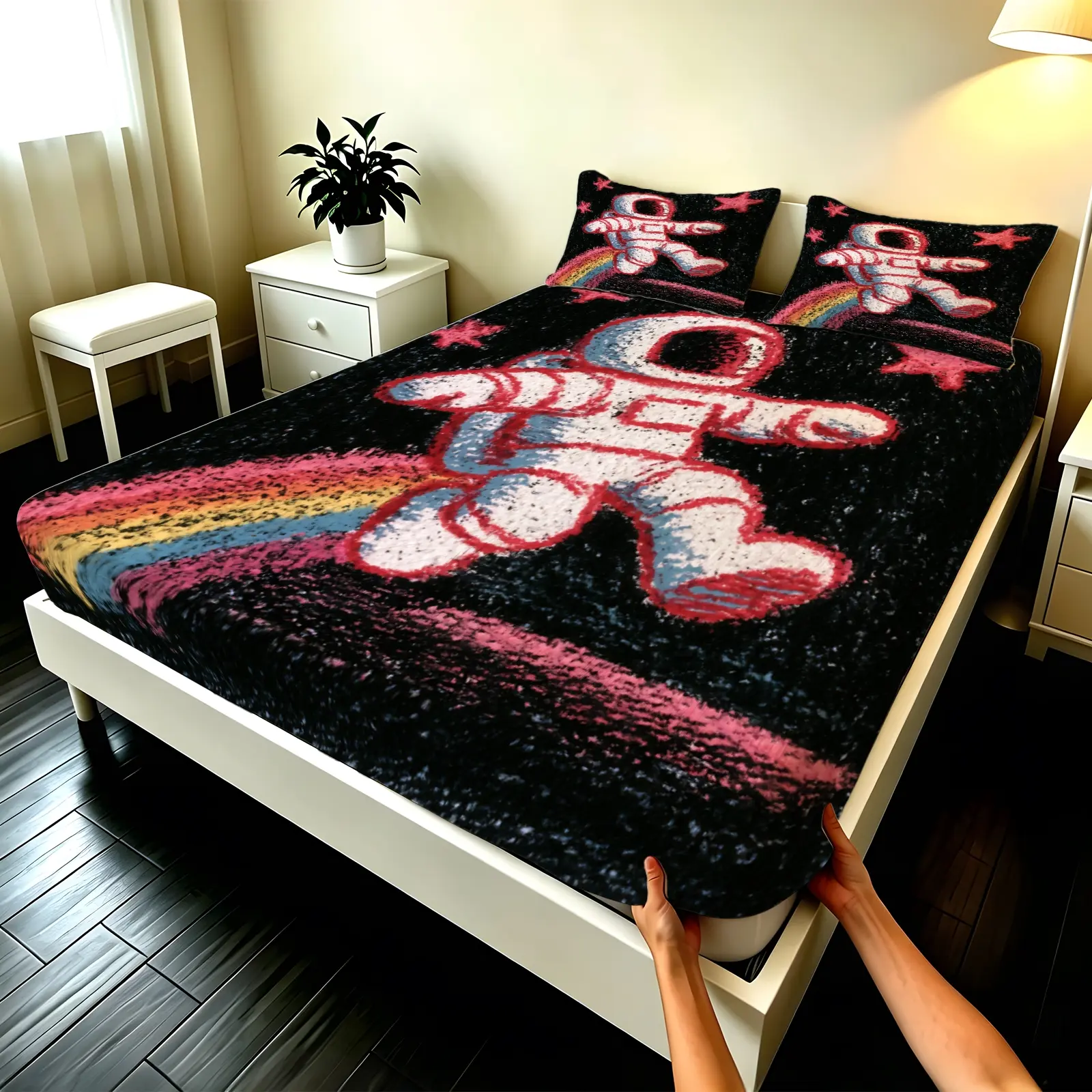 3pcs Fitted sheet Galaxy Astronaut Rainbow Star Print Bedding Set, Soft Microfiber Fitted Sheet Set, Breathable Wrinkle Resistant Fade Proof Bed Cover for Bedroom Home, Fits Twin Full Queen King Size Bed Sheets