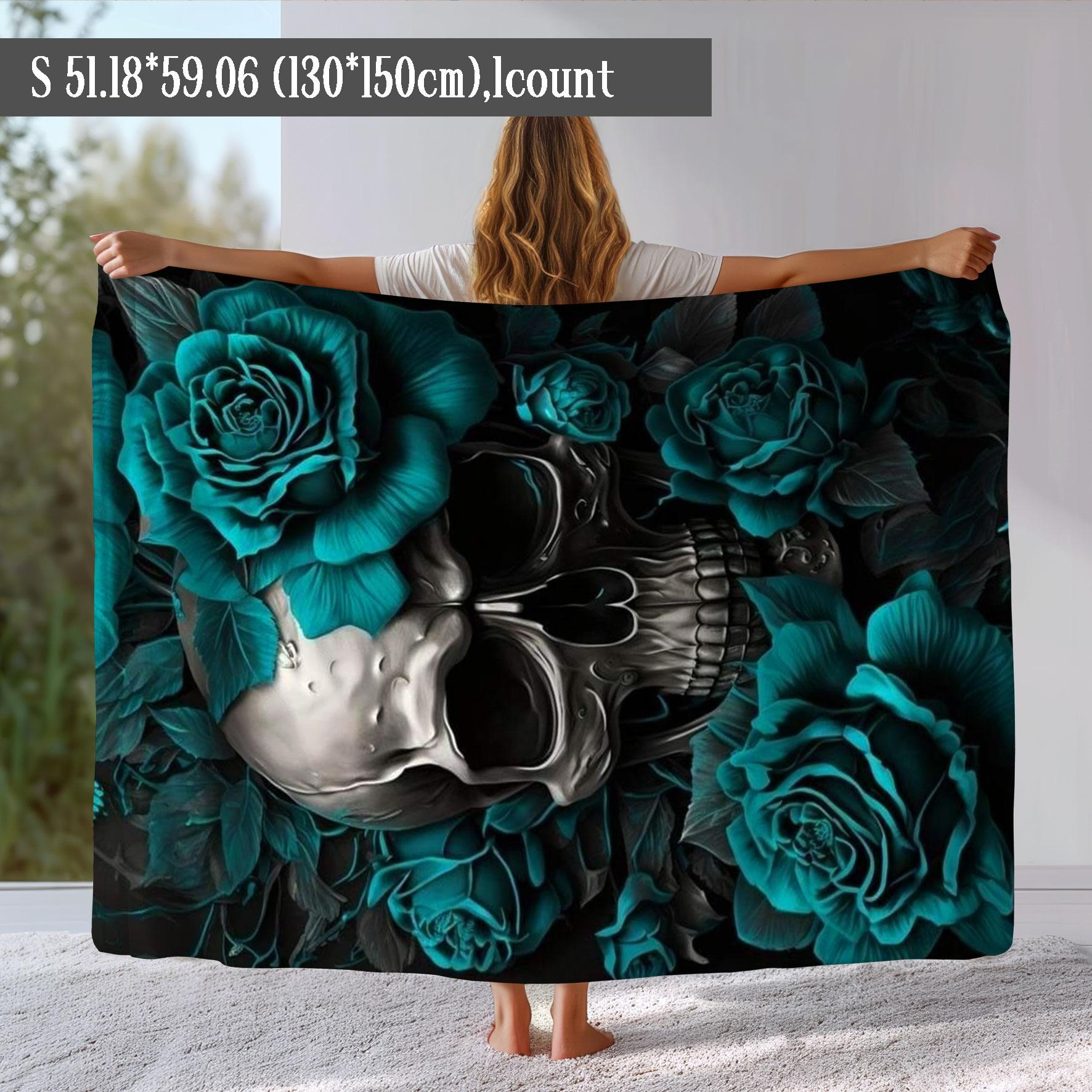 Skull & Rose Pattern Blanket, Soft Warm Throw Blanket, Cool Bedroom Bedding Blankets, Warm Napping Blanket for Home Office Travel