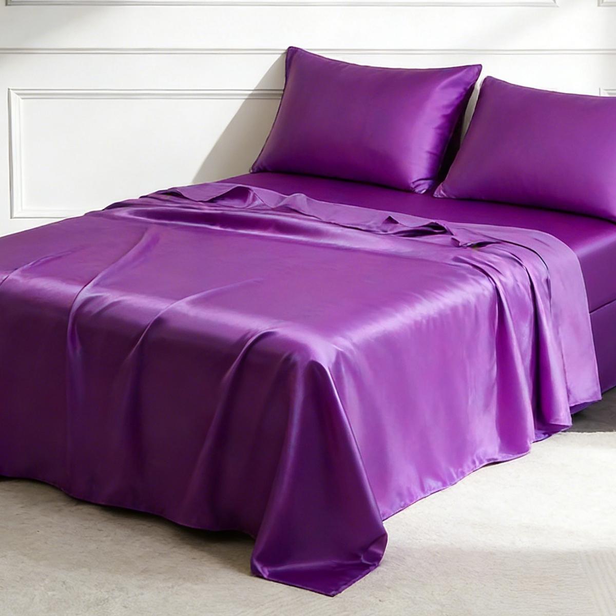 6-piece 100% polyester satin bed sheet set, including (1 fitted sheet + 1 flat sheet + 4 pillowcases), complete bedding set, solid color, machine washable - bedroom essentials, suitable for single, double, king, and queen size beds.