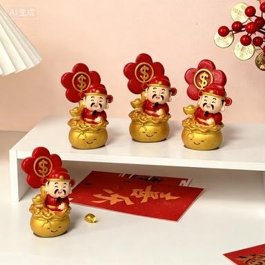 Cute Mini Resin Fortune God Figurine, Traditional, Holding Yuan Bao Money Bag, Desk/counter/car Use, Attracts Wealth