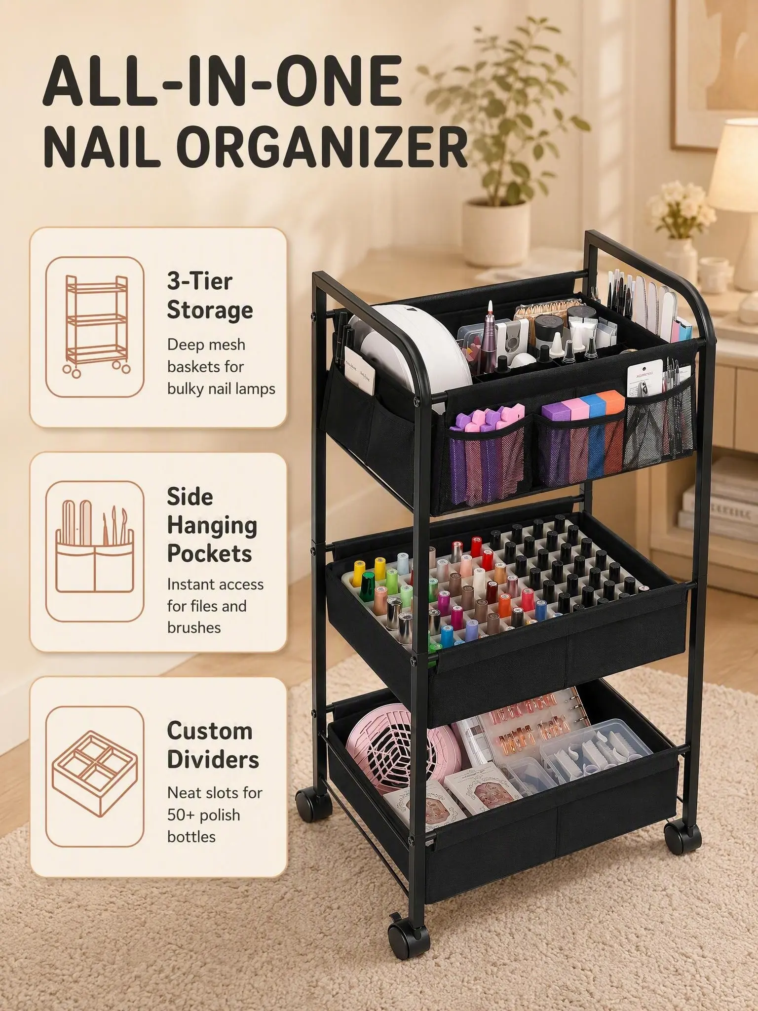 3 Tier Rolling Utility Cart Organizer, 3 Tier Metal Rolling Cart, Rolling Nail Tool Storage Cart with Side Mesh Pockets, nail storage cart for nail tech rolling nail organizer makeup rolling cart for Bathroom, Kitchen, Snack, Craft, Makeup, Baby Essential