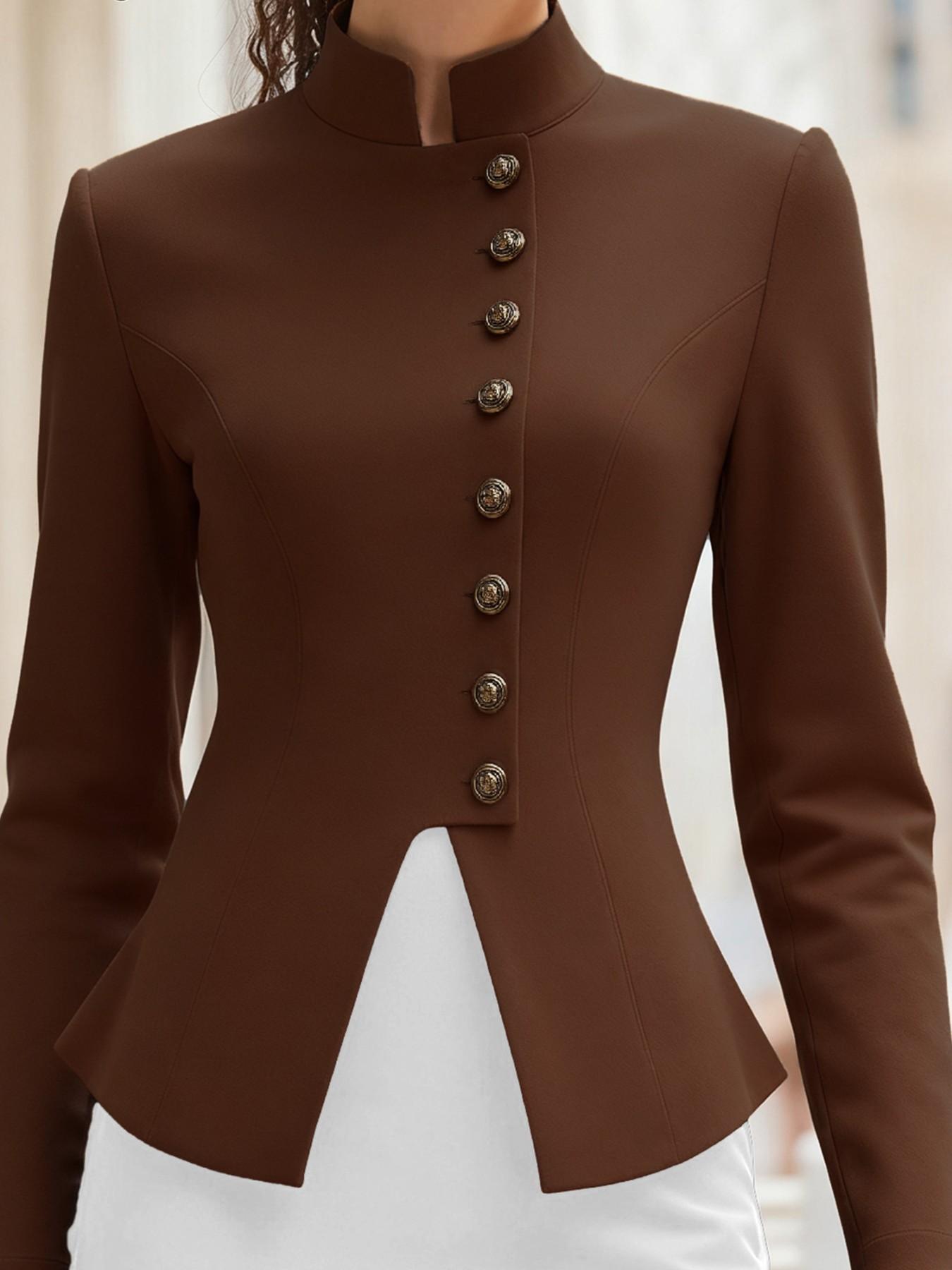 Women's Autumn Winter Solid Color Stand Collar Button Short Coat, Classic Retro Elegant British Style Outwear, Perfect for Casual Dates Business and Graduation