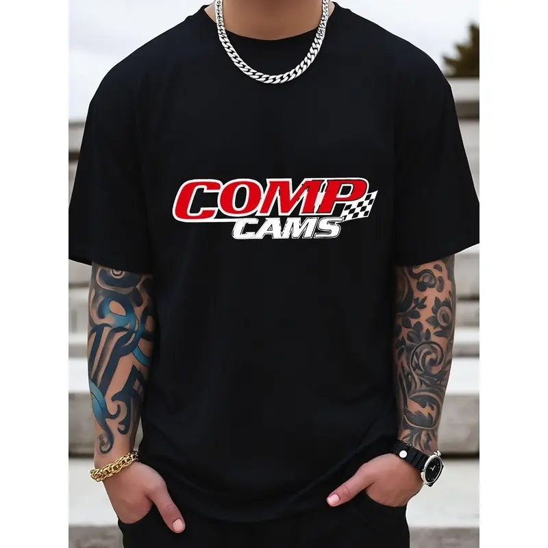 Men's Printed T-Shirt, Black Casual Loose-Fit T-Shirt _COMP CAMS_ with Red and White Checkered Pattern Design Featuring Checkered Flag Details, Loose Fit, Suitable for Daily Wear