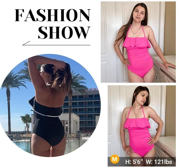 Holipick Black Strapless One Piece Swimsuits for Women Tummy Control Bandeau Bathing Suits Ruffle Slimming Swimwear