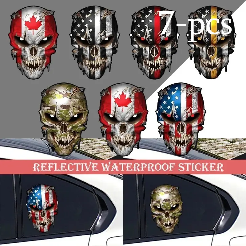 Skull Graffiti American Flag Car Reflective Decal, Printed Custom Vehicle Body Sticker, Weather‑Resistant Auto Exterior Applique, Edgy DIY Decor for Truck SUV Sedan Personalized Vehicle Modification