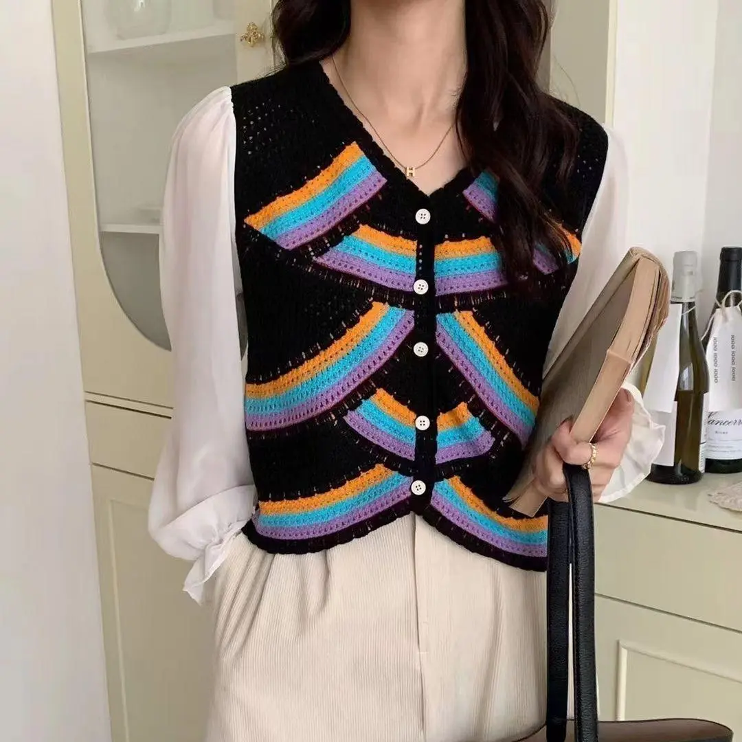 Long Sleeve Crochet Knit Top Boho Striped Button-Front Openwork Crochet Blouses Women Spring Summer 2026 Retro Bohemian