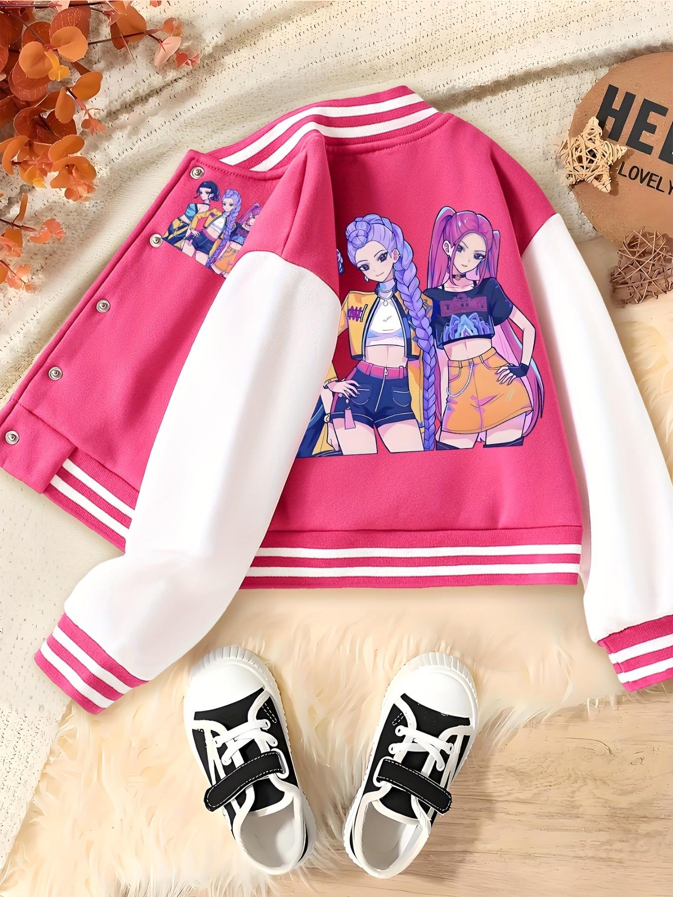 KPOP – The Huntress Girl Group Girls Halloween Christmas Short Baseball Jacket, Casual Comfy Jacket, Casual Sports School Uniform, Anime Character Design, Elastic Fabric, Fall Winter Outerwear, Collared Jacket, Casual Cute Outerwear