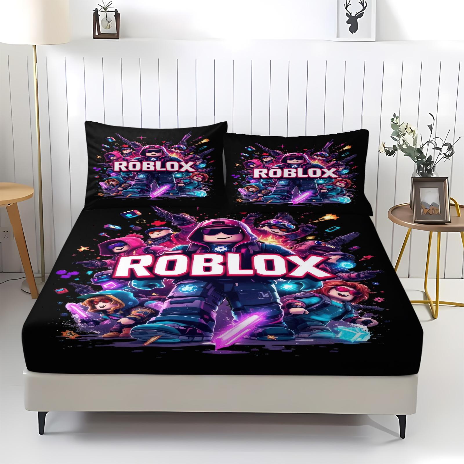 3-Piece Roblox Pattern Bed Sheet with Comfortable Printed Pattern, Includes 1 Bed Sheet and 2 Pillowcases, Comfortable Bedding, Non Slip Dust Cover Suitable for Bedroom and Guest Room, Bedding Set
