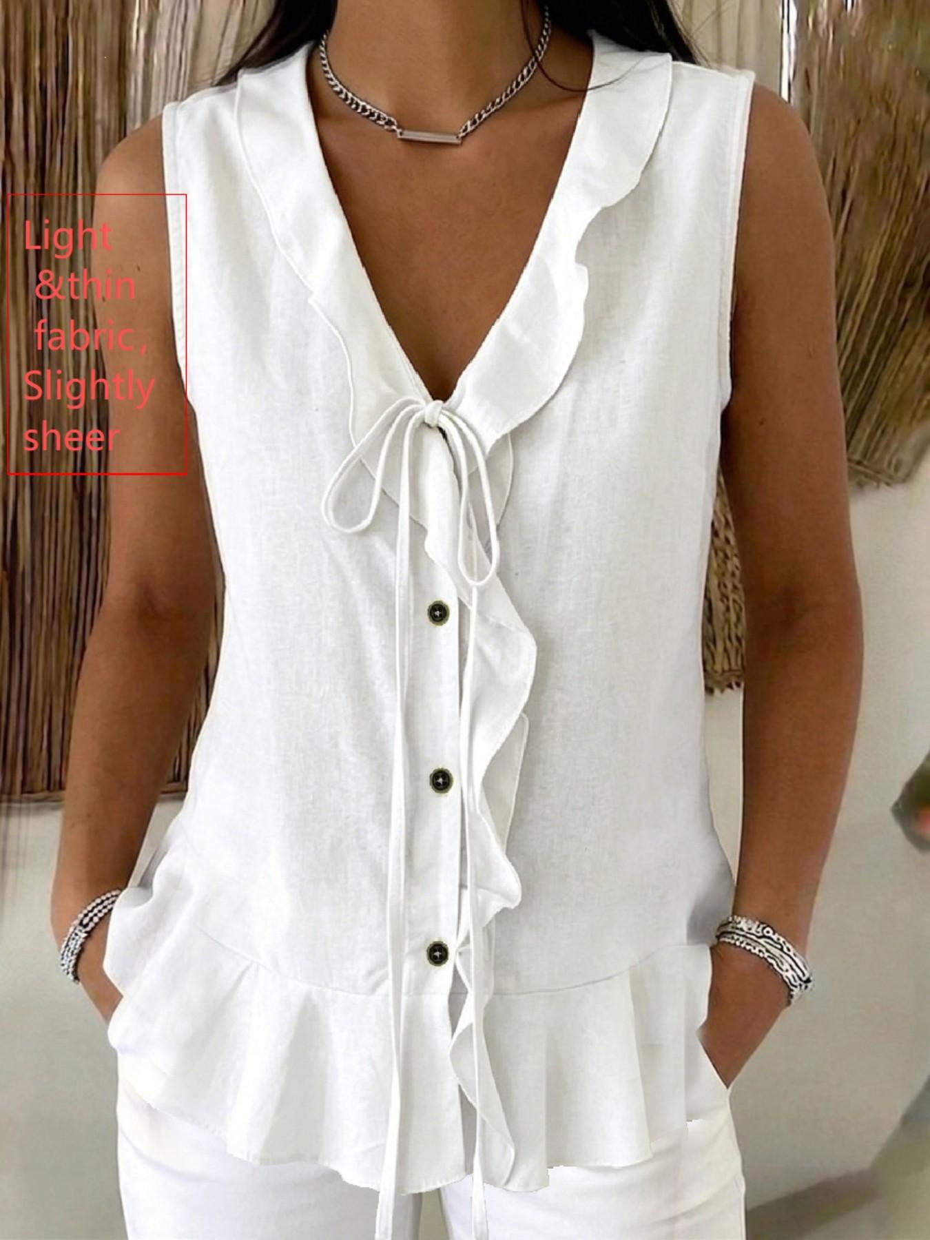 Women's V-Neck Ruffle Tie Sleeveless Top Aesthetic Casual Comfortable Daily Wear, 8 Colors Available