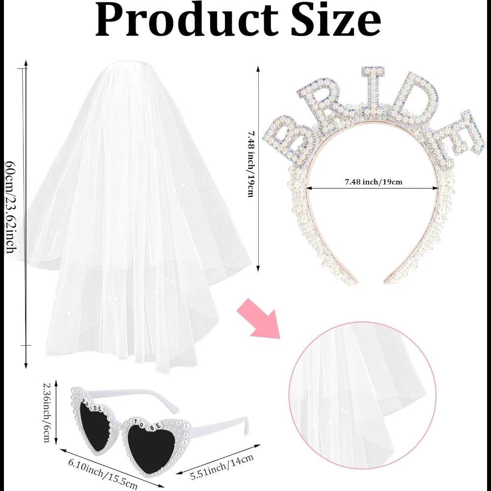 3pcs Pearl Headband Bride Veil Heart Sunglasses for Bachelorette Party Supplies Bride Accessories Wedding Bridal Shower Gifts