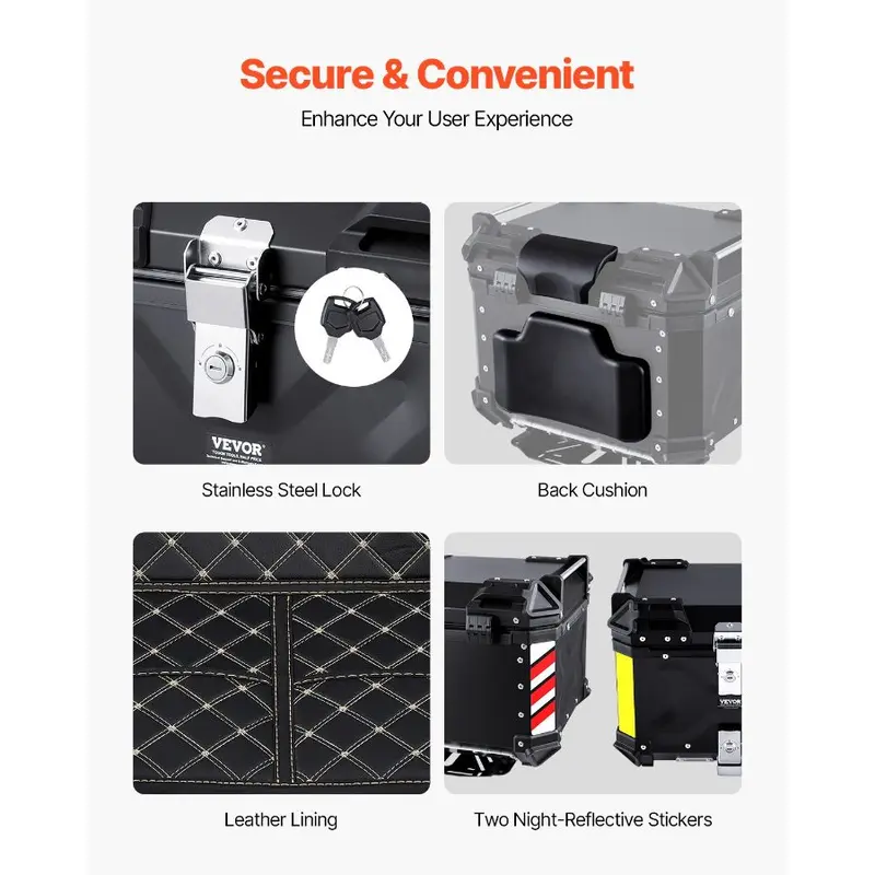 VEVOR Universal Fit Aluminum Alloy Motorcycle Top Case, 45L Waterproof Lockable Tail Storage Box with Leather Lining, Detachable Back Cushion, Compatible with 99% of Motorcycle Frames