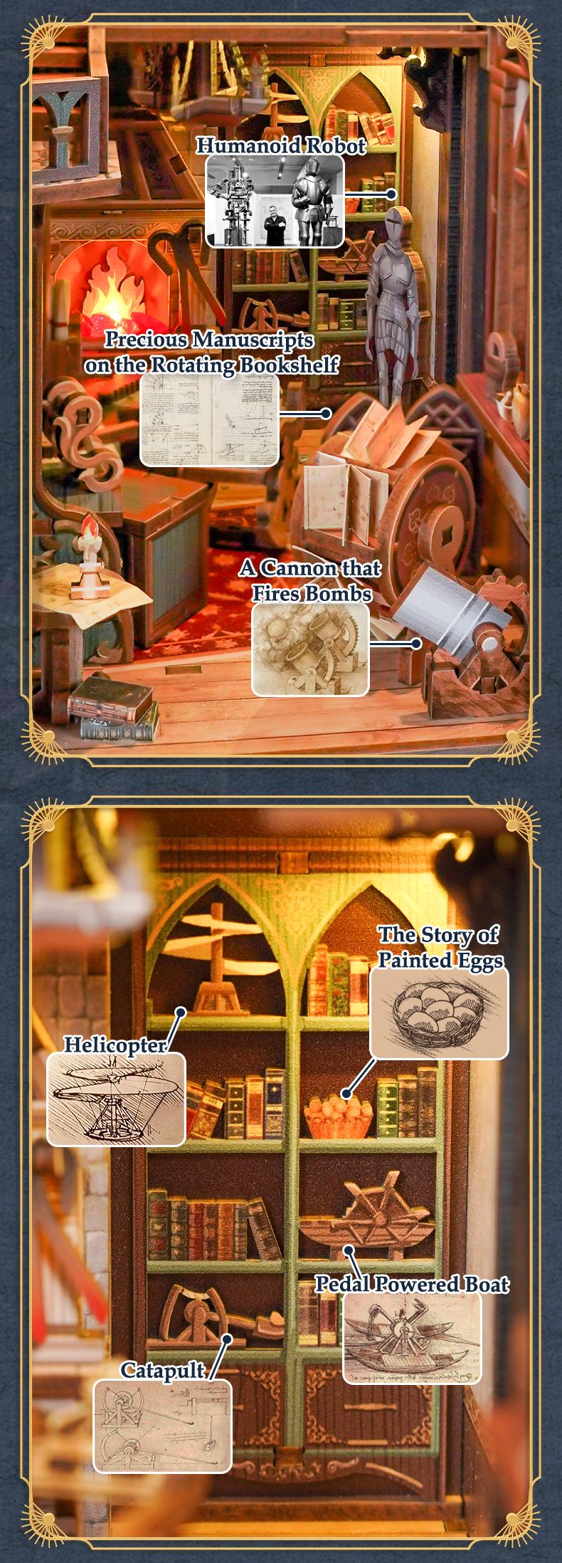 Tonecheer DIY Book Nook Kit for Adults, 3D Wooden Puzzle Bookend Miniature House Kit, Booknook Bookshelf Insert Decor with Dust Cover and LED Lights Gifts (Leonardo da Vinci)