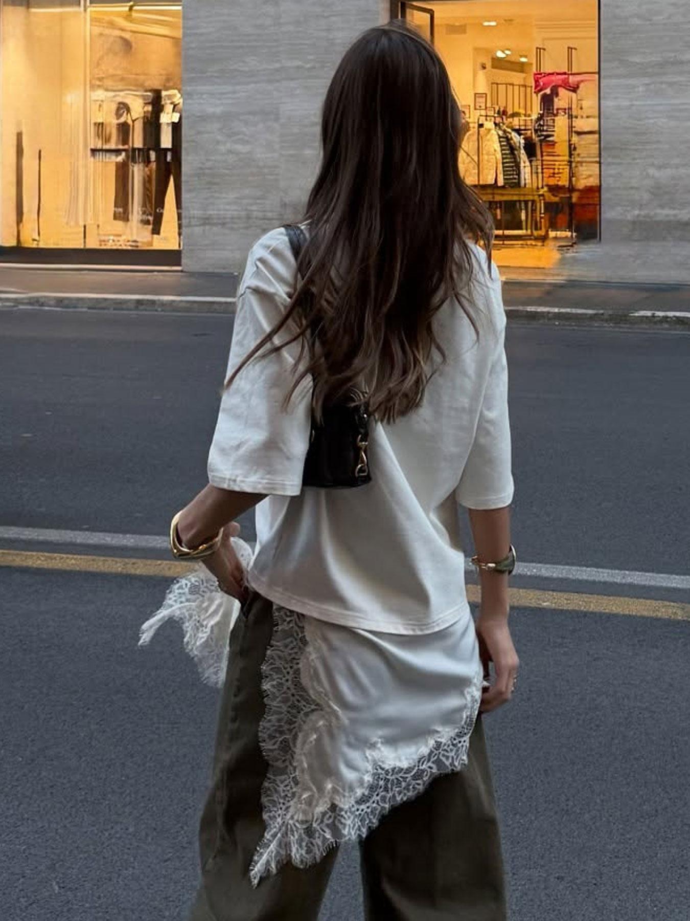 Women's Lace Patchwork Dress, Oversized Fit, Asymmetric Lace Hem, Half Sleeve, Casual Street Style, Spring & Fall Fashion, Womenswear, Minimalist