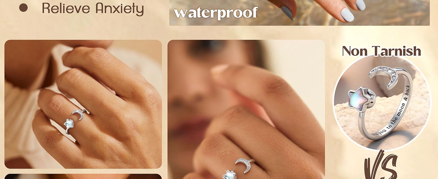 MILACOLATO Fidget Ring for Women Kids Girls Anxiety Rings Open Adjustable Silver Sunflower Opal Moonstone Star Moon Snow Lotus Spinner Mood Rings Knuckle Rings Jewellery