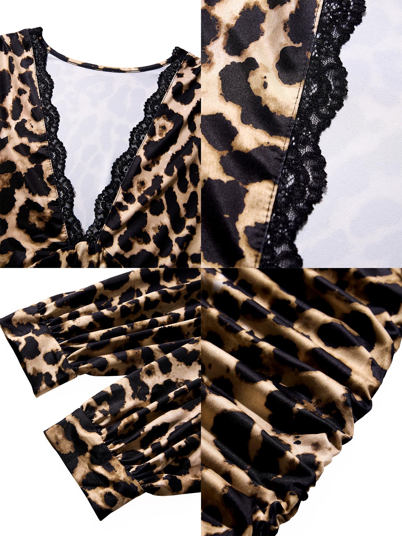 Elegant Leopard Print Bodycon Dress, Deep V Neck Lace Long Sleeve, High Waist Split Back Party Dress, Fall Fashion Women's Clothing