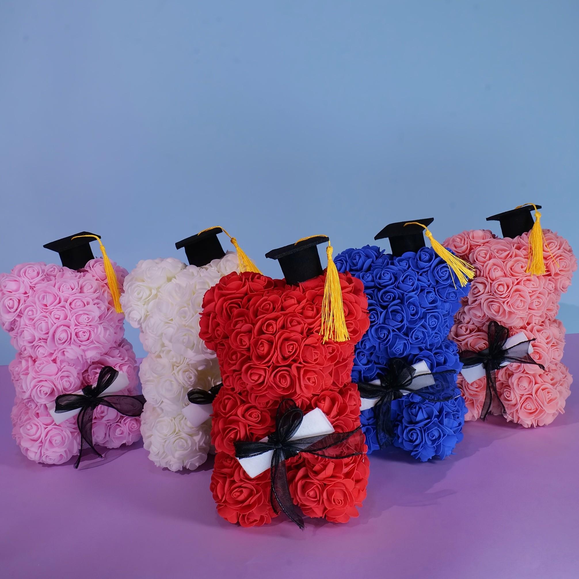 Graduation Gift Bear with Rose Hat, Multiple Colors Available, Perfect Graduation Present, Elegant and Unique Design