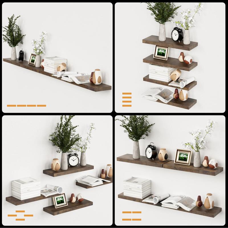 Modern Wall Shelves 4 Sets Floating Shelves with Invisible Brackets Display Shelves for Bedroom Bathroom Kitchen Living Room Decor Wooden Bookshelf Storage 5.7D x 15.72W x 1.22H