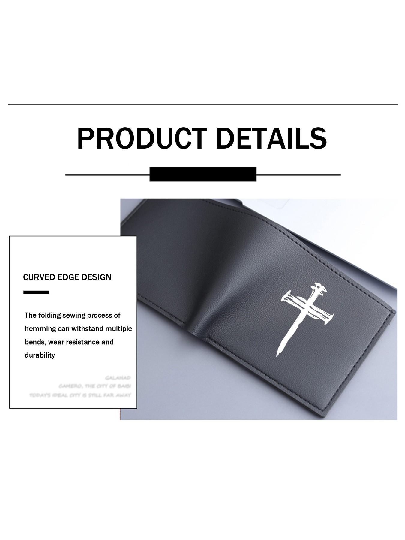 Neutral Style PU Leather Cross Print Wallet, Compact Foldable Card Holder, Unisex Lightweight Religious Money Clip, Ideal for Work, School, Travel