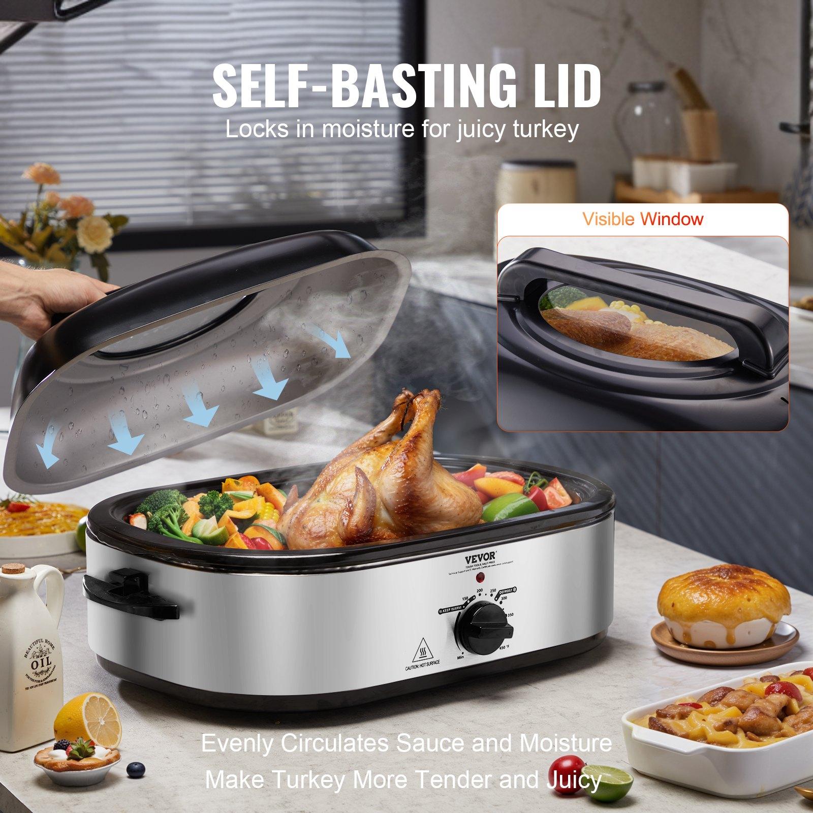 VEVOR Electric Roaster Oven, 18 QT Turkey Roaster Oven with Self-Basting Lid, 1450W Roaster Oven with Defrost Warm Function, Adjustable Temperature, Removable Pan Rack, Fits Turkeys Up to 22LBS