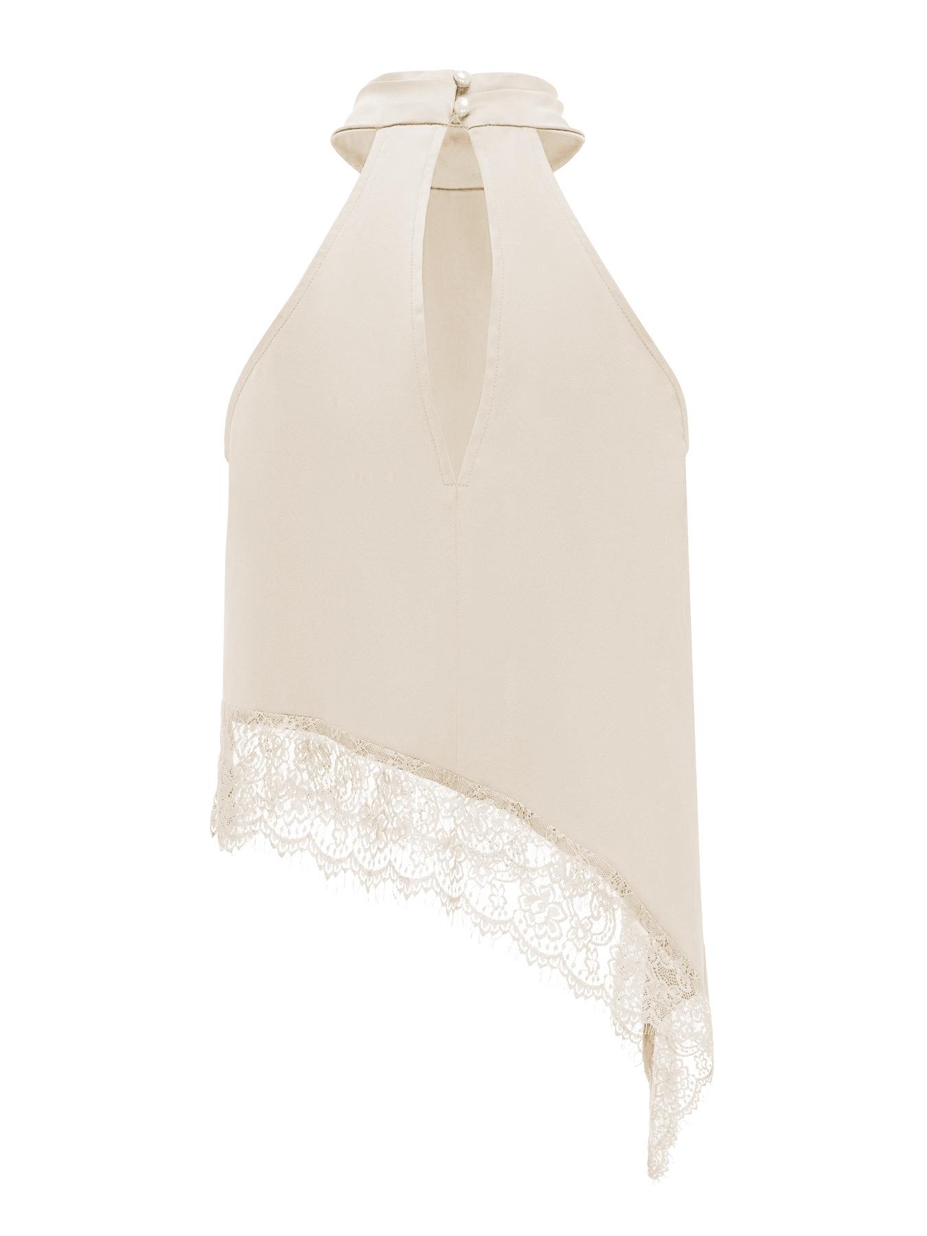 Elegant Asymmetric High Neck Satin Halter Top with Lace Trim, Sleeveless Design for Evening Parties and Formal Occasions