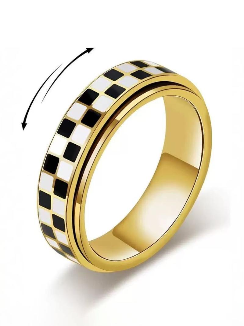 Stainless Steel Checkered Rotating Stress Relief Adjustable Ring, Unisex Casual Daily Wear, Simple Chessboard Design Jewelry Stainless Steel Checkered Rotating Stress Relief Adjustable Ring, Unisex Casual Daily Wear, Simple Chessboard Design Jewelry