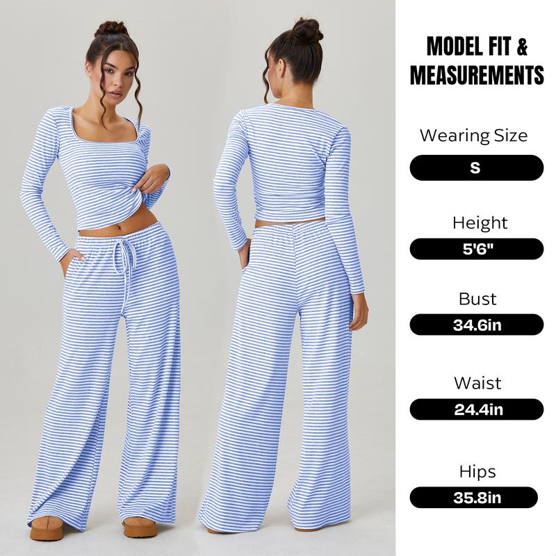 KatchMe Women's Chic Square Neck Stripe Long Sleeve Crop Top & Low-Rise Wide Leg Trousers Co-ord, Basic Two Piece Outfits for Lady, Cozy Womenswear (3)