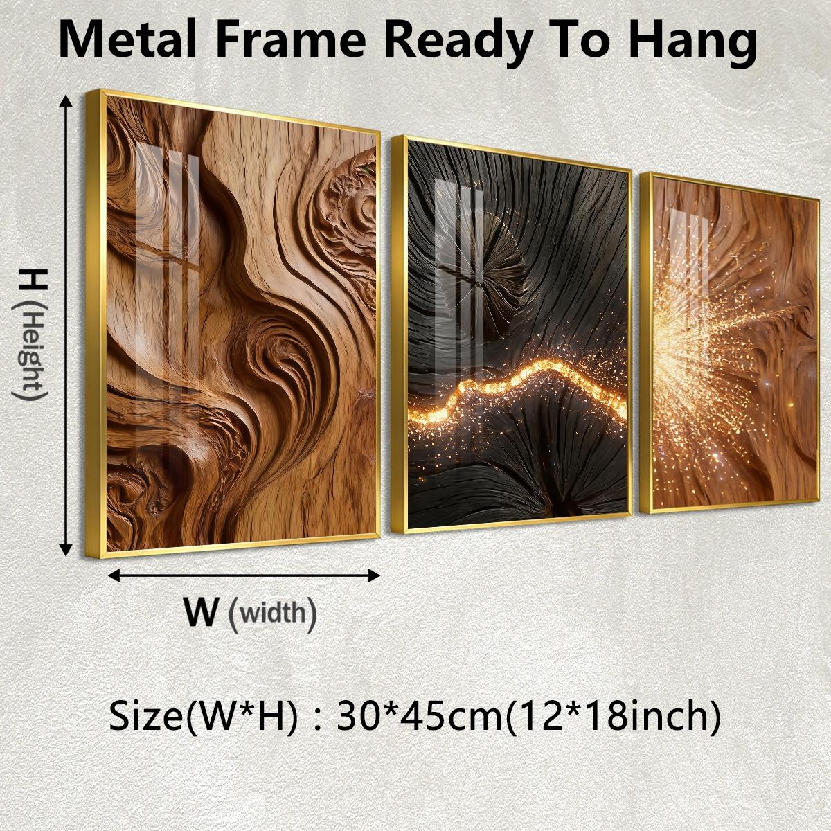 3 Counts Aluminum Alloy Framed Painting, Abstract Wood Texture And Golden Spark Art Pictures, Home Decoration For Living Room, Bedroom, Office, Restaurant, Hallway Wall Decor, Odorless Print Artwork, Luxury Perfect Gift For Friends And Family
