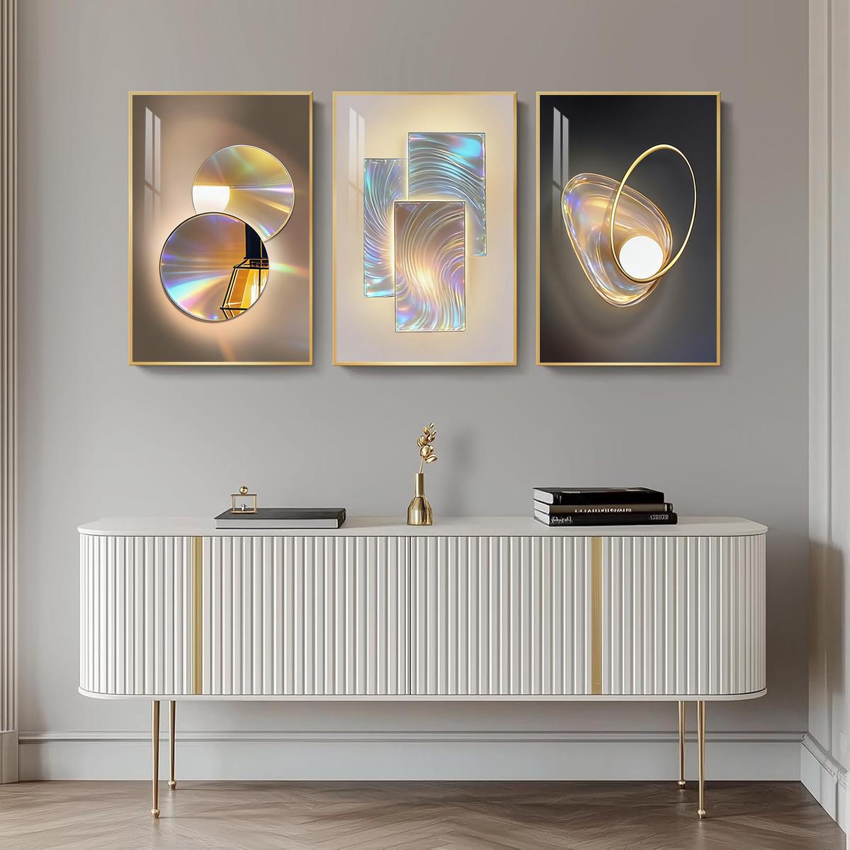 3 Counts Aluminum Alloy Framed Painting, Gradient Iridescent Abstract Light Art Pictures, Home Decoration For Living Room, Bedroom, Office, Restaurant, Hallway Wall Decor, Odorless Print Artwork, Luxury Perfect Gift For Friends And Family