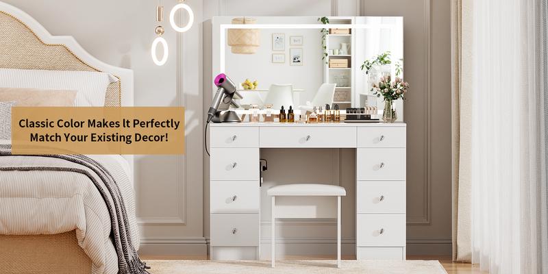 VOWNER Makeup Vanity Desk Table with Lighted Mirror,Power Outlet and 9 Drawers,Come with Soft Cushioned Stool