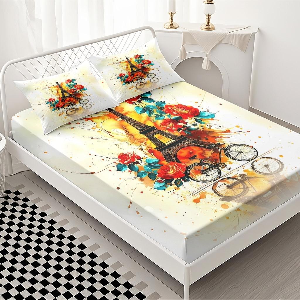 2/3 Pcs Paris Tower And Rose Pattern-themed Luxury Fitted Sheet Set(1*Fitted Sheet+1/2*pillowcase,no Filling)Skin-friendly Soft Digital Printed Bedding Set,suitable For New Year,festival Gifts For Family.suitable For All Year Round,machine Washable.