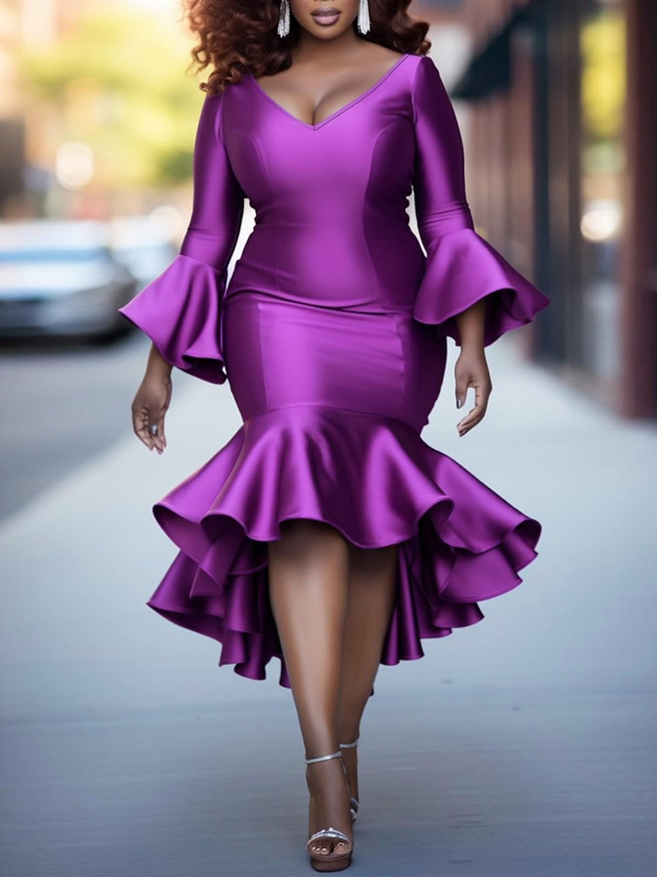 Plus Size V Neck Bell Sleeve Fish Tail Dress, Fitted A-Line Asymmetrical Ruffle Evening Gown, All-Season Formal Wear