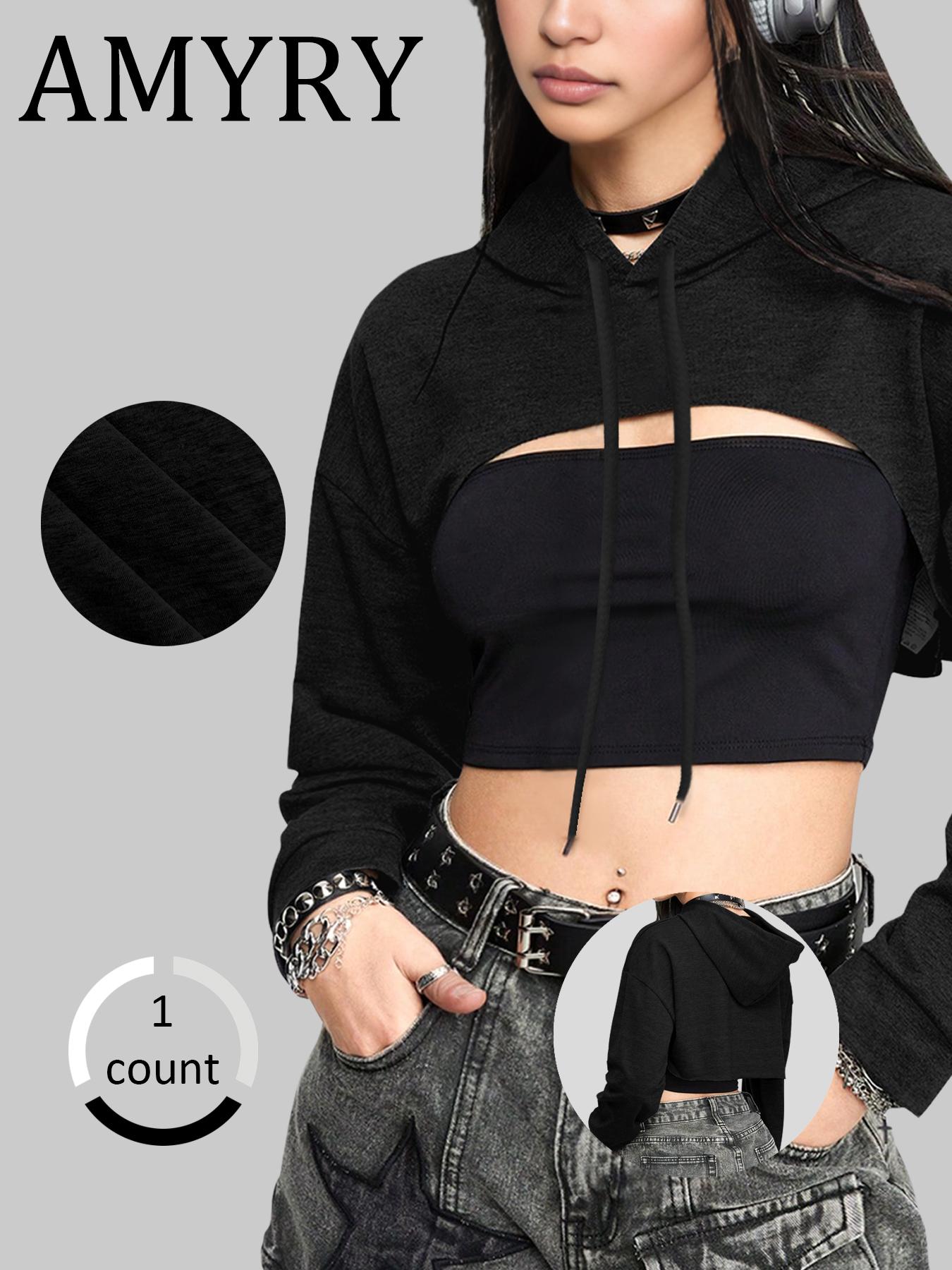 Women's Solid Drawstring Drop Shoulder Crop Hoodie, Casual Long Sleeve Hooded Sweatshirt for Daily Wear, Ladies Clothes for All Seasons, Drawstring Waist Hoodie