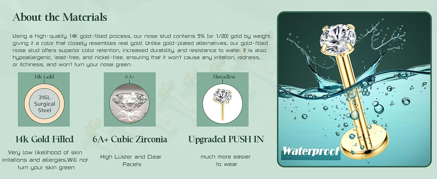 Milacolato 14K Plated GoldThreadless Nose Studs CZ Nose Rings for Women Men 316L Surgical Steel Labret Studs Lip Rings Push in Flat Back Stud Earrings CZ Nose Nostril Tragus Helix Piercing Jewelry Hypoallergenic 20G 18G 16G