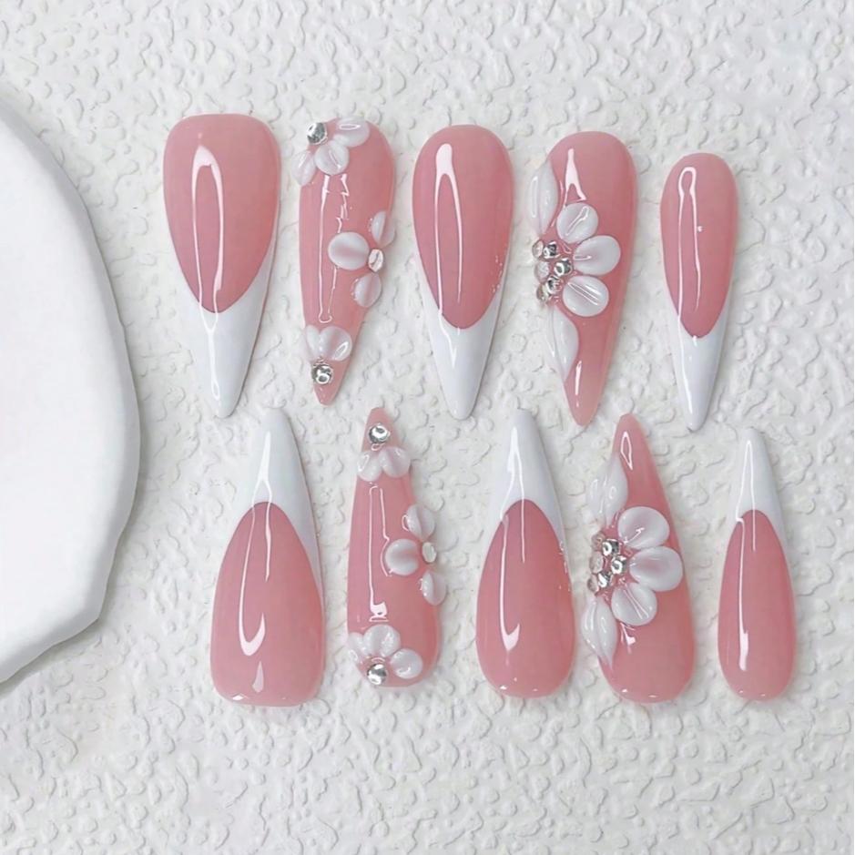 Elegant French Long Almond False Nails, Nail Tips Art, 3D Flower Rhinestones, Acrylic Almond Shape, Perfect for Holidays & Daily Wear, Ideal Gift for Women & Girls