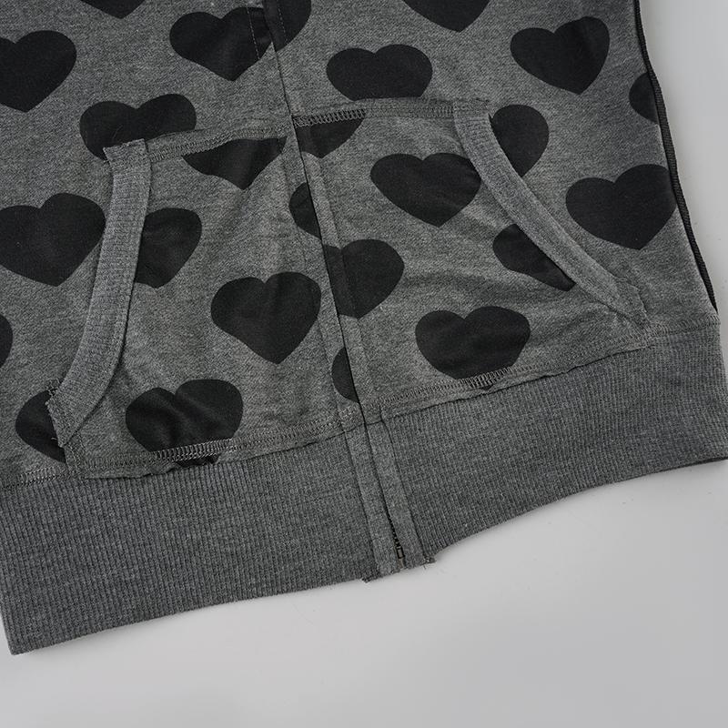 Vintage Y2K Aesthetic Slim Fit Heart Print Zipper Short Jacket, Street Style Casual Hooded Sweatshirt Coat with Pockets, Fashion Fitted Outerwear