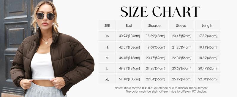 SHEEN Women's Winter Cropped Puffer Jacket Warm Full Zip Quilted Jacket Long Sleeve Padded Coats Stand Collar Outerwear