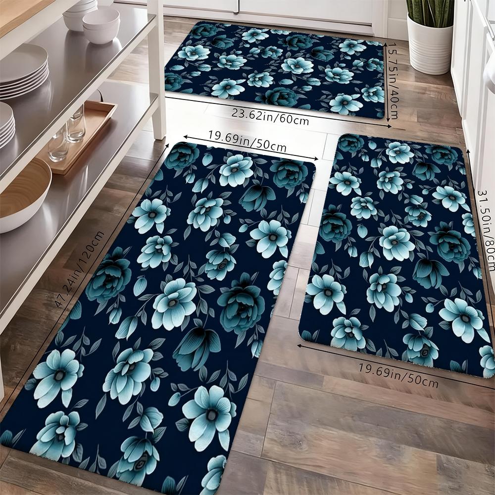 Blue Floral Kitchen Mat, Watercolor Rose Flower Non-Slip Washable Floor Mats, Aesthetic Botanical Runner Rugs for Kitchen, Living Room & Home Decor