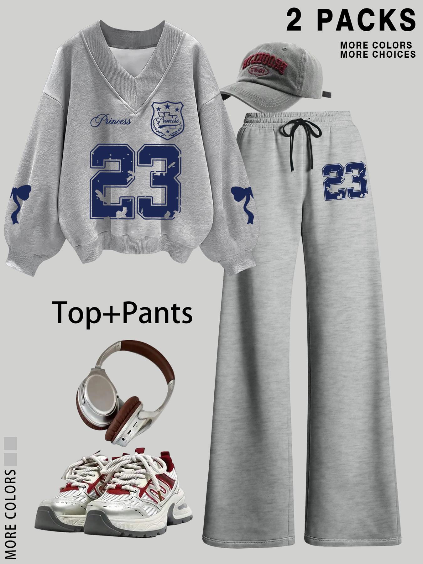 Women's V Neck Sweater Pants Set, Fashionable Digital Bowknot Print, Straight Leg Elastic Waist, Casual Long Sleeve Pullover