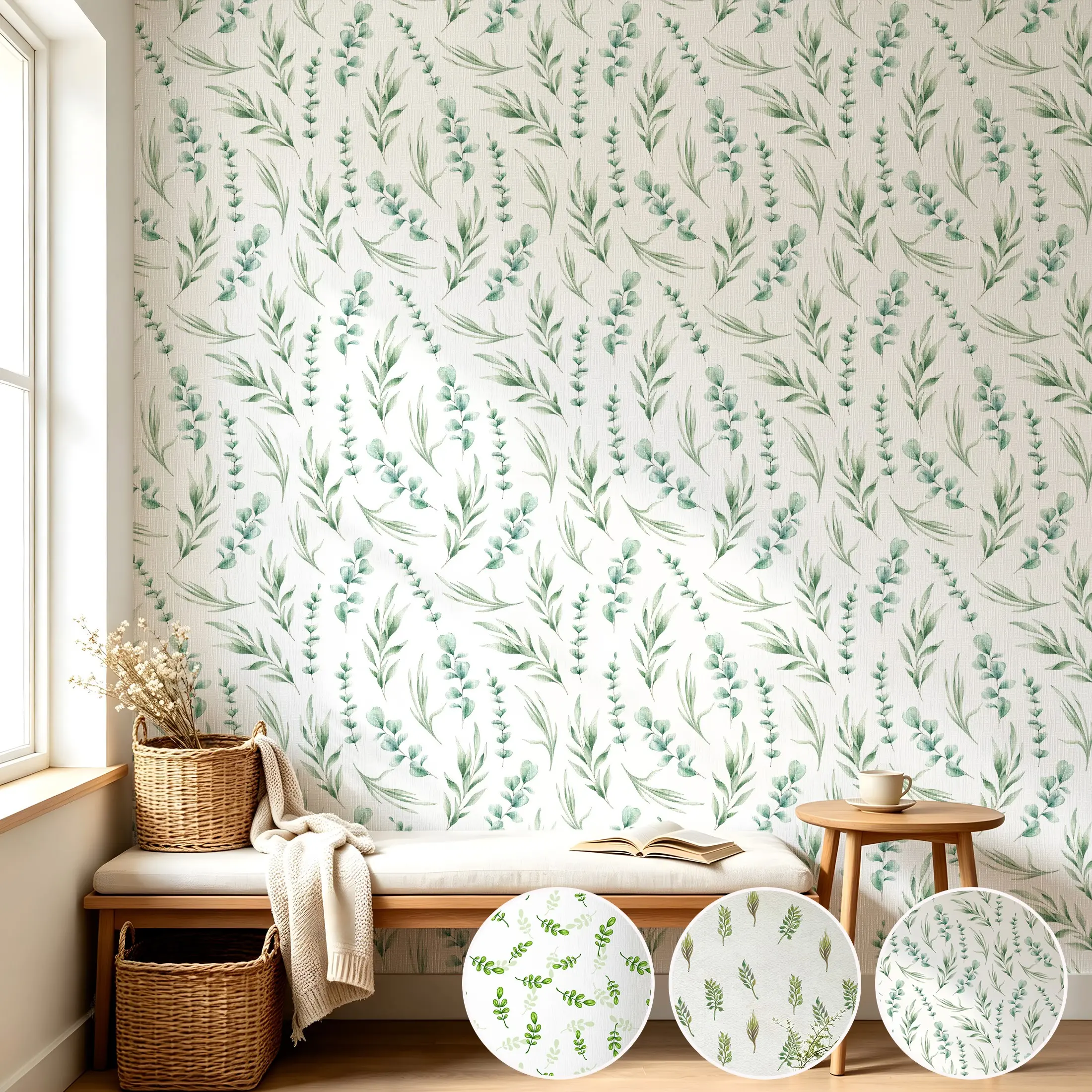 1 Roll Eucalyptus Green Leaves Peel and Stick Wallpaper 44.5cm/17.5in Wide, Waterproof Removable Color Fadeless Vinyl for Bathroom Living Room Decor, Length Options: 1m/2m/3m/5m/10m