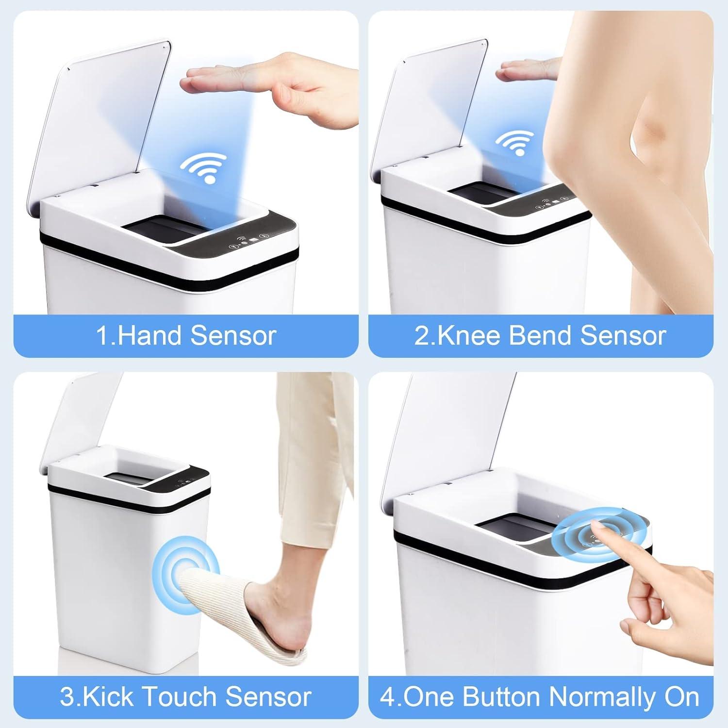 1-3 Pack 17L Kitchen Touchless Trash Cans with Infrared Sensor, One-Touch Always-Open, Wave/Knee/Kick-to-Open, 0.1s Sensing, Silent Lid, Odor Isolation, Requires 2 AA Batteries (Not Included), for Home/Office/School, Smart Trash Can