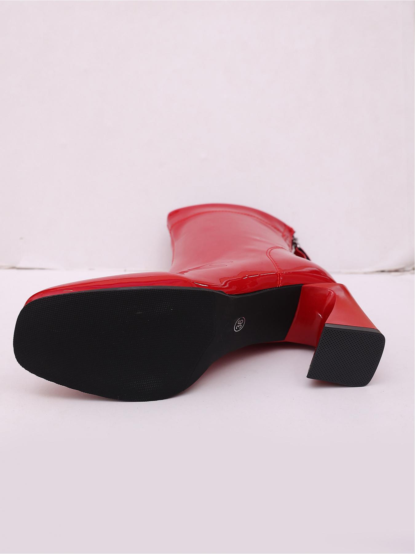 Women Gloss Patent Leather Ankle Booties Soft Stretch Shaft Round Toe Special Shaped Chunky Heel Back Zipper Slim Fit High Heel Short Boots For Night Club Party Outfit