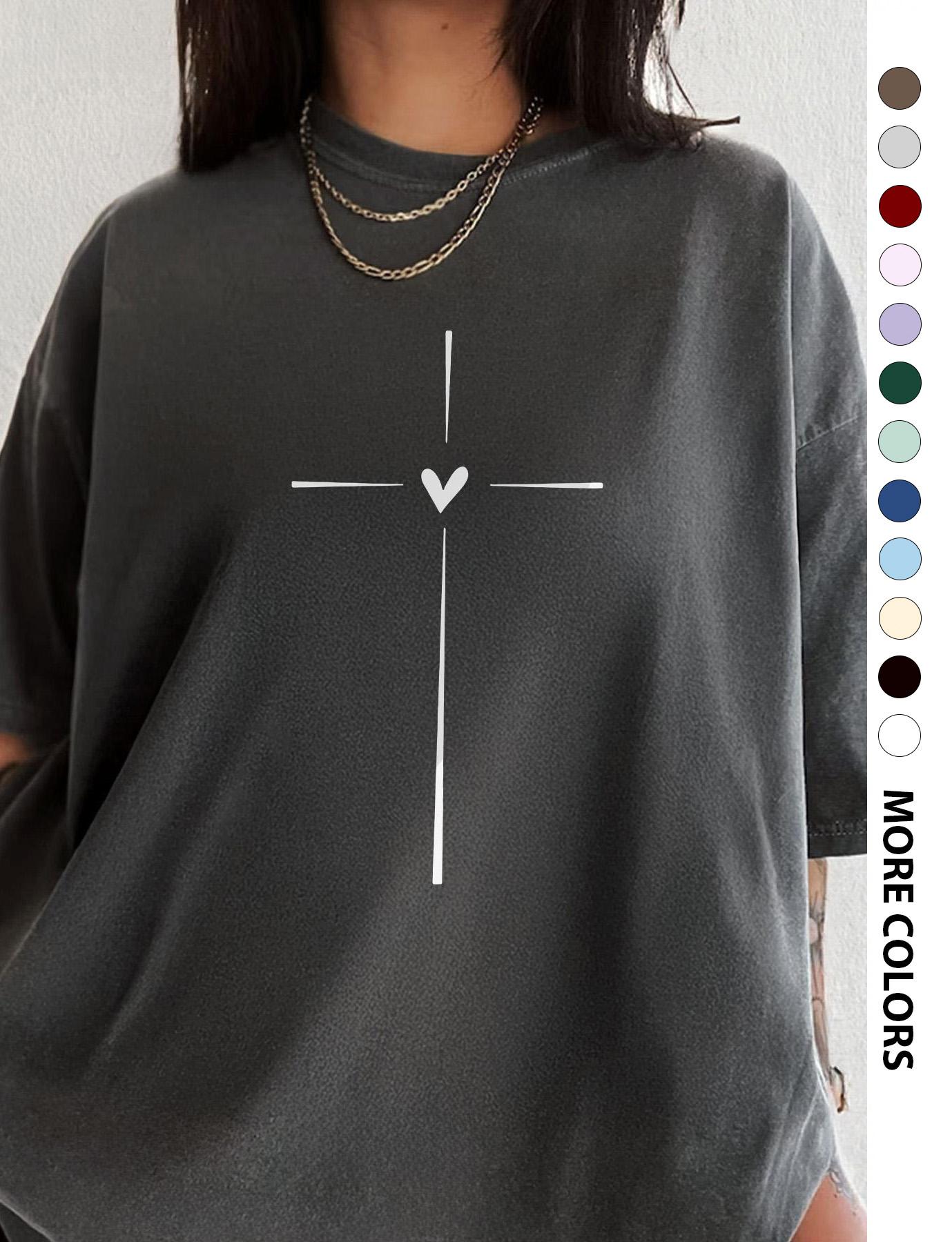 Women's Cross & Heart Print Round Neck Tee, Fashion Casual Crew Neck Short Sleeve T-Shirt for Daily Wear, Ladies Clothes for All Seasons