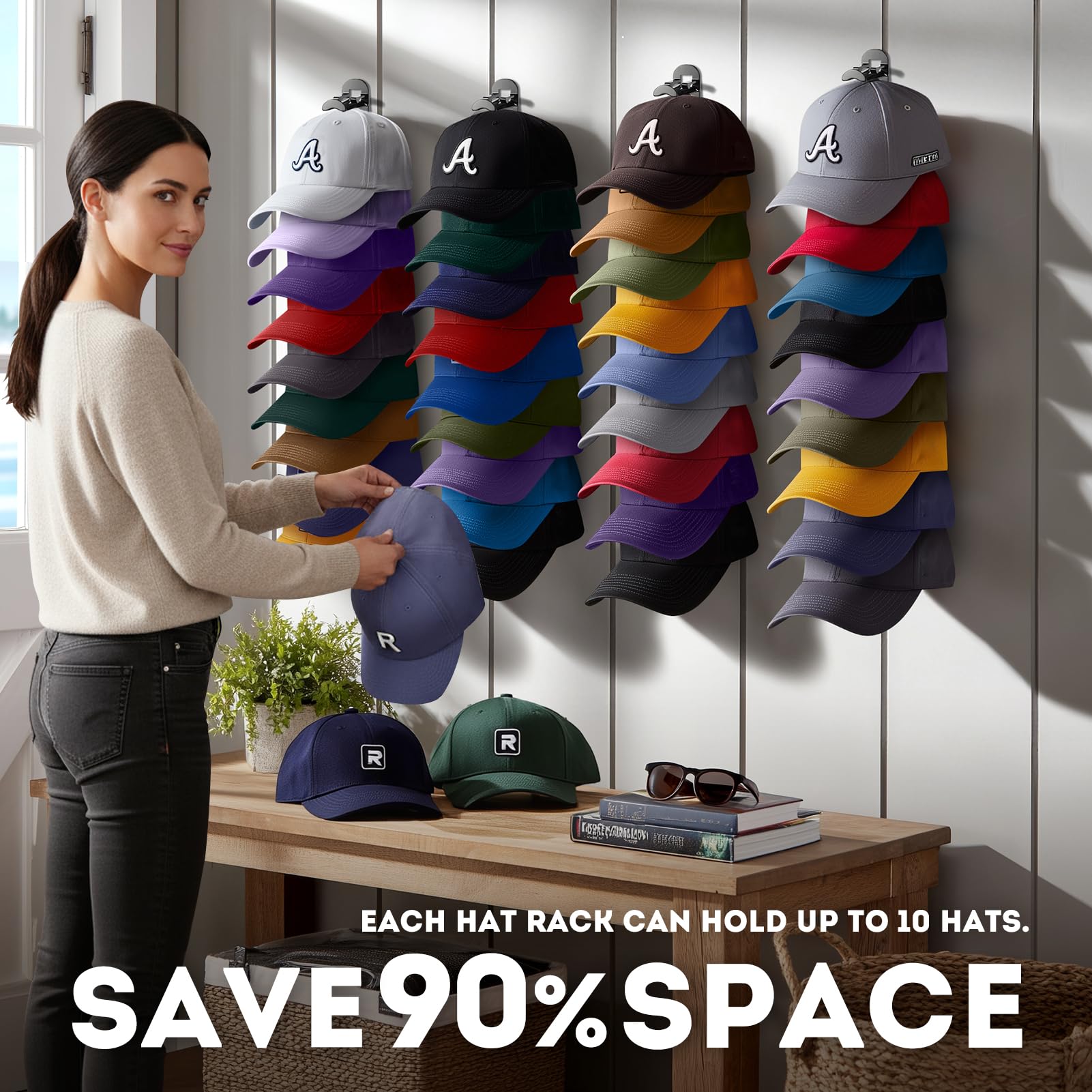 Multi-Piece Baseball Cap Storage Rack, Wall-Mounted Hat Hanger Holder Holds 20 Hats, Includes Strong Adhesive & Screws, Ideal for Door, Closet, Bedroom