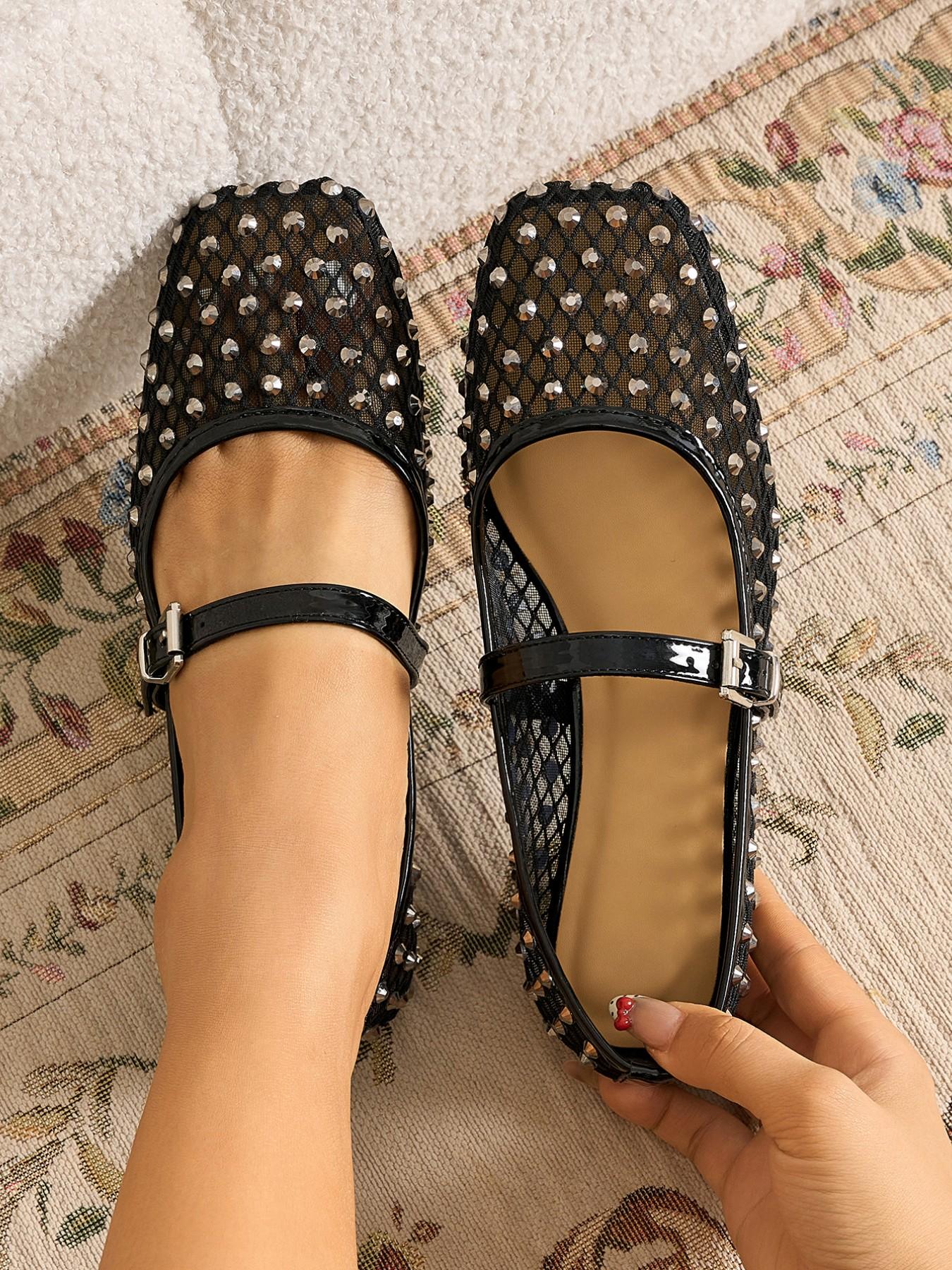 French Rhinestone Hollow Out Classic Mary Jane Shoes for Women, Chic Shoes, Elegant Fairy Style, Classy, Breathable Mesh, Square Toe, Medium Width, Plain Pattern