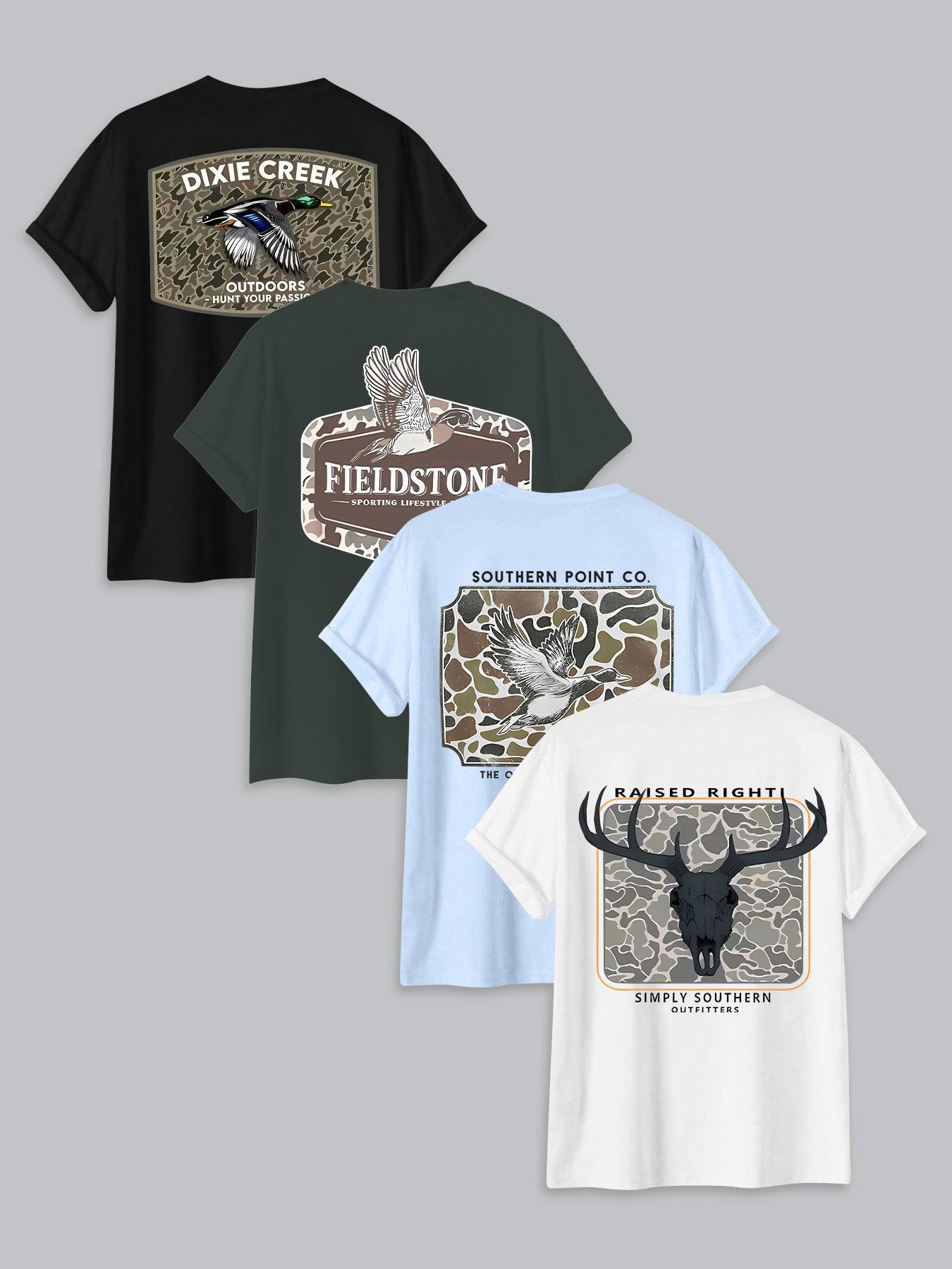 Men's Letter & Deer Print Round Neck Graphic Tee, Regular Fit Casual Short Sleeve T-shirt for Summer, Men's Top for Daily Wear, Tropical